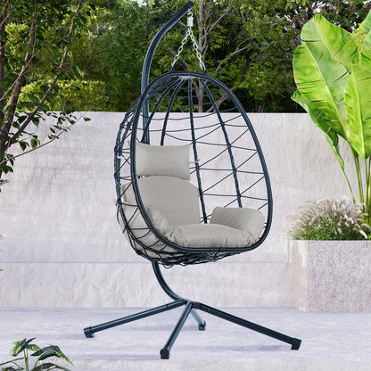 Clearance! Hanging Wicker Egg Chair, Outdoor Patio Hanging Chairs with Stand, UV Resistant Hammock Chair with Comfortable Red Cushion, Durable Indoor Swing Egg Chair for Garden, Backyard, L3952