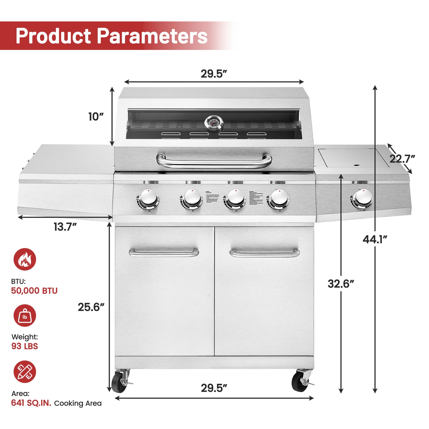 4-Burner Gas Grill and Griddle Combo with Side Burner, 50,000 BTU Propane BBQ Grill with Porcelain-Enameled Cast Iron Grates, Built-in Thermometer, Ideal for Patio Camping Outdoor Cooking