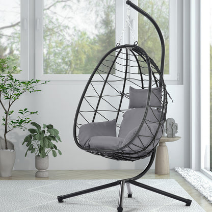 Clearance! Hanging Wicker Egg Chair, Outdoor Patio Hanging Chairs with Stand, UV Resistant Hammock Chair with Comfortable Red Cushion, Durable Indoor Swing Egg Chair for Garden, Backyard, L3952