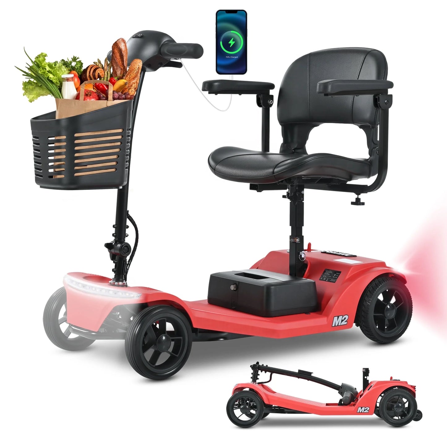 Segmart  Mobility Scooters ， Foldable Mobile wheelchair ,with Headlight and Basket,Red