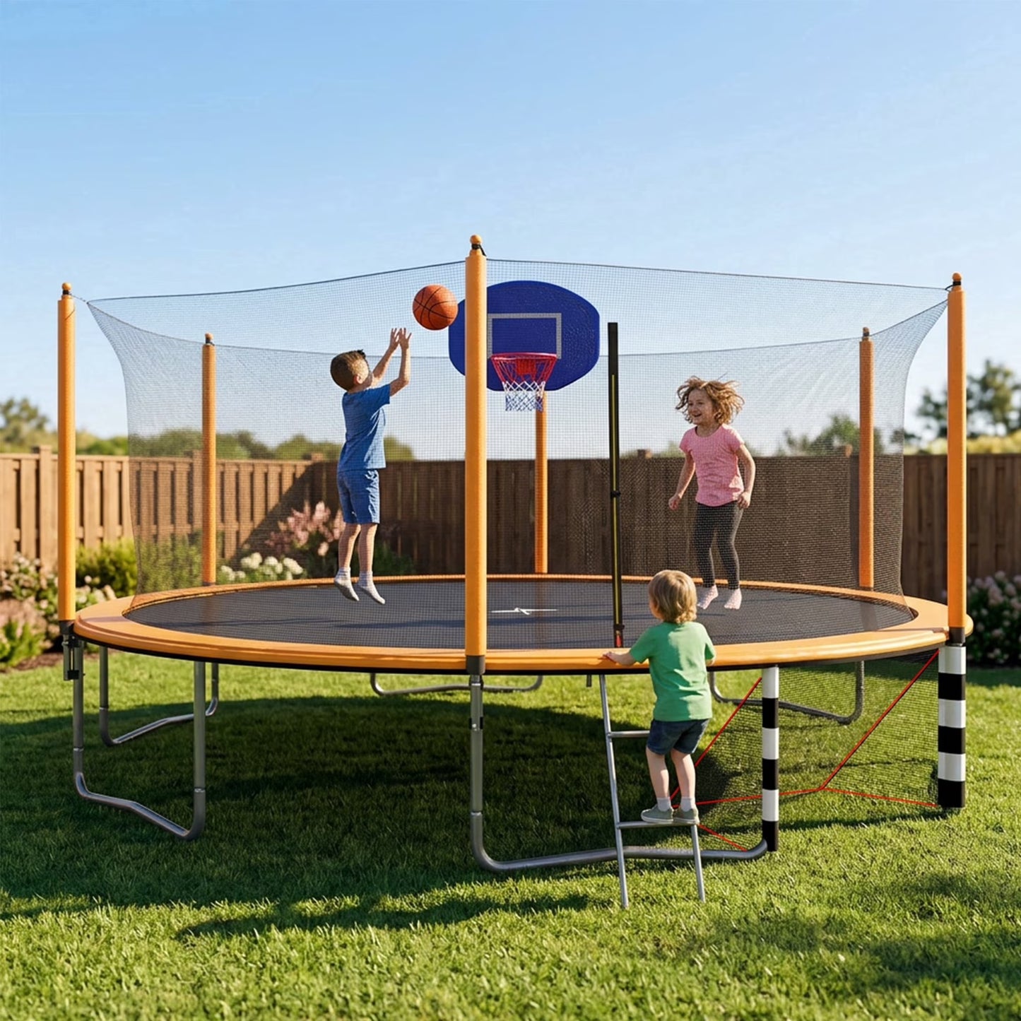 16FT Trampoline with Soccer Goal, SEGMART Recreational Trampoline with Basketball Hoop and Ladder, Heavy Duty Outdoor Backyard Trampoline with Net for Kids and Adults，Orange