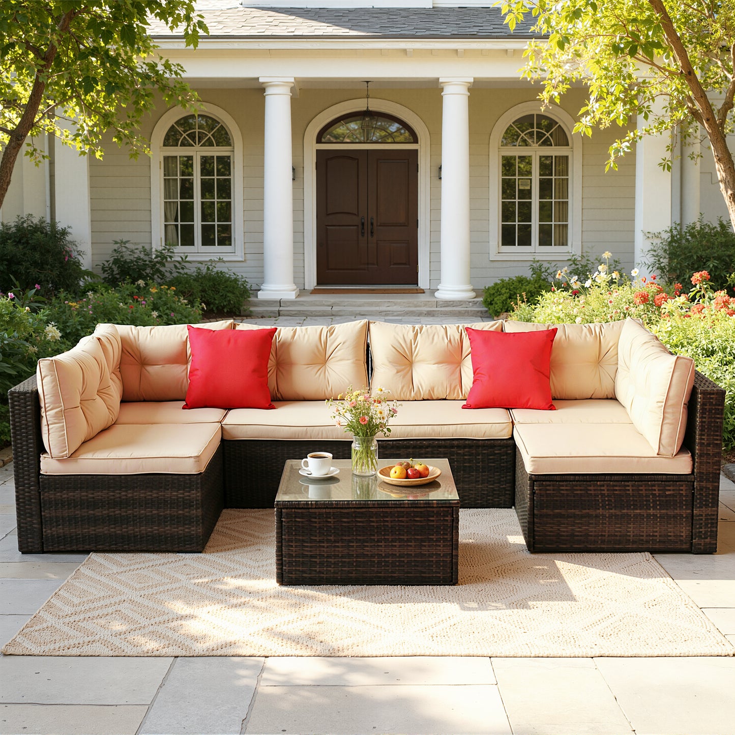 Patio Outdoor Furniture Sets, 7 Pieces All-Weather Rattan Sectional Sofa with Tea Table & Cushions, PE Rattan Wicker Sofa Couch Conversation Set for Garden Backyard Poolside