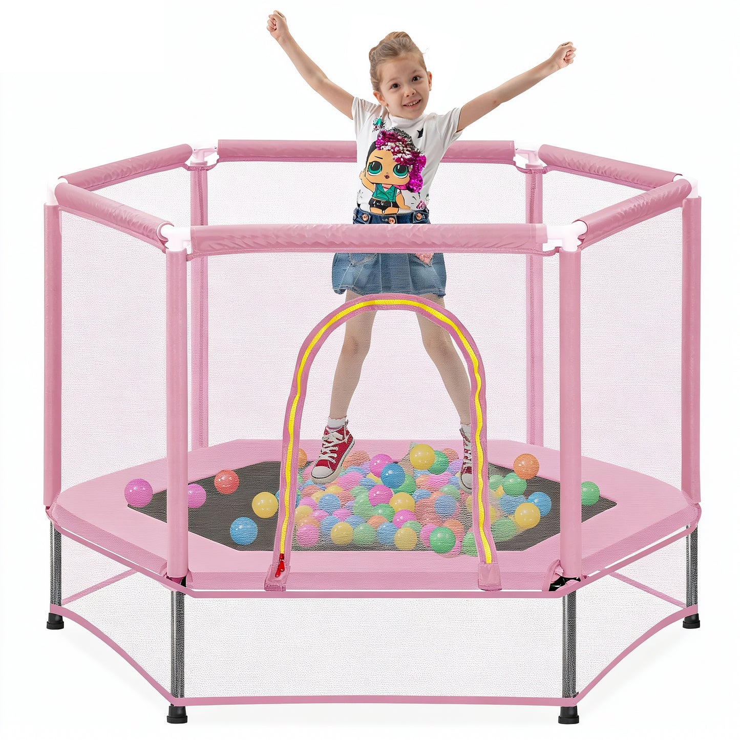 55" Mini Trampoline with Safety Enclosure Net, SEGMART Indoor Outdoor Toddler Trampoline with No-Gap Design, Small Trampoline for Kids, Kids Trampoline with Balls, Birthday Gift