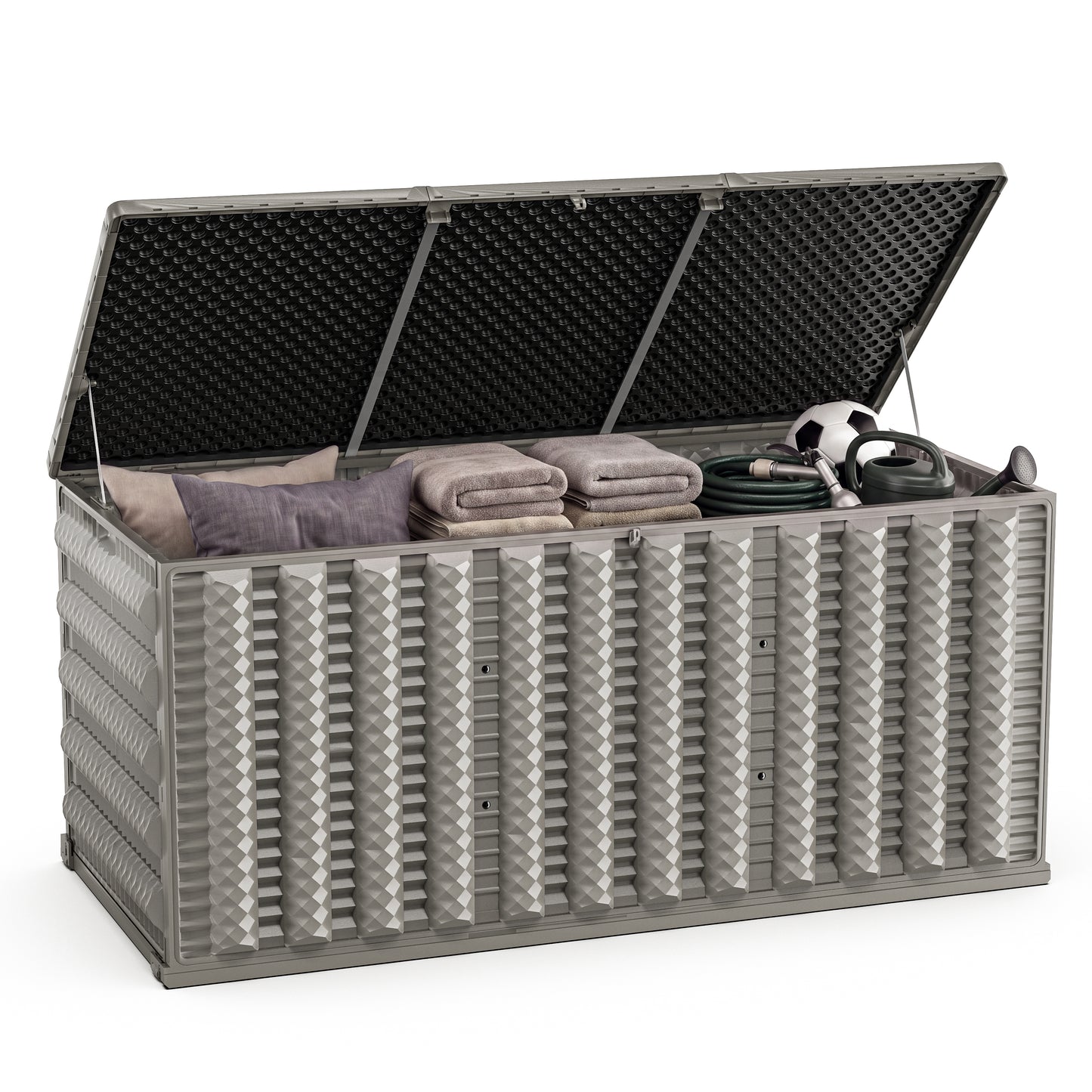 130 Gallon Resin Deck Box, Outdoor Lockable Storage Container for Patio Cushions, Garden Tools, Pool Supplies, Toys, Water Resistant and UV Resistant, Reinforced Rib Design, Built-in Wheels, Gray