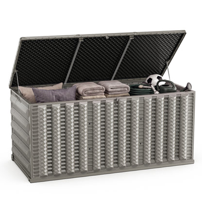 130 Gallon Resin Deck Box, Outdoor Lockable Storage Container for Patio Cushions, Garden Tools, Pool Supplies, Toys, Water Resistant and UV Resistant, Reinforced Rib Design, Built-in Wheels, Gray