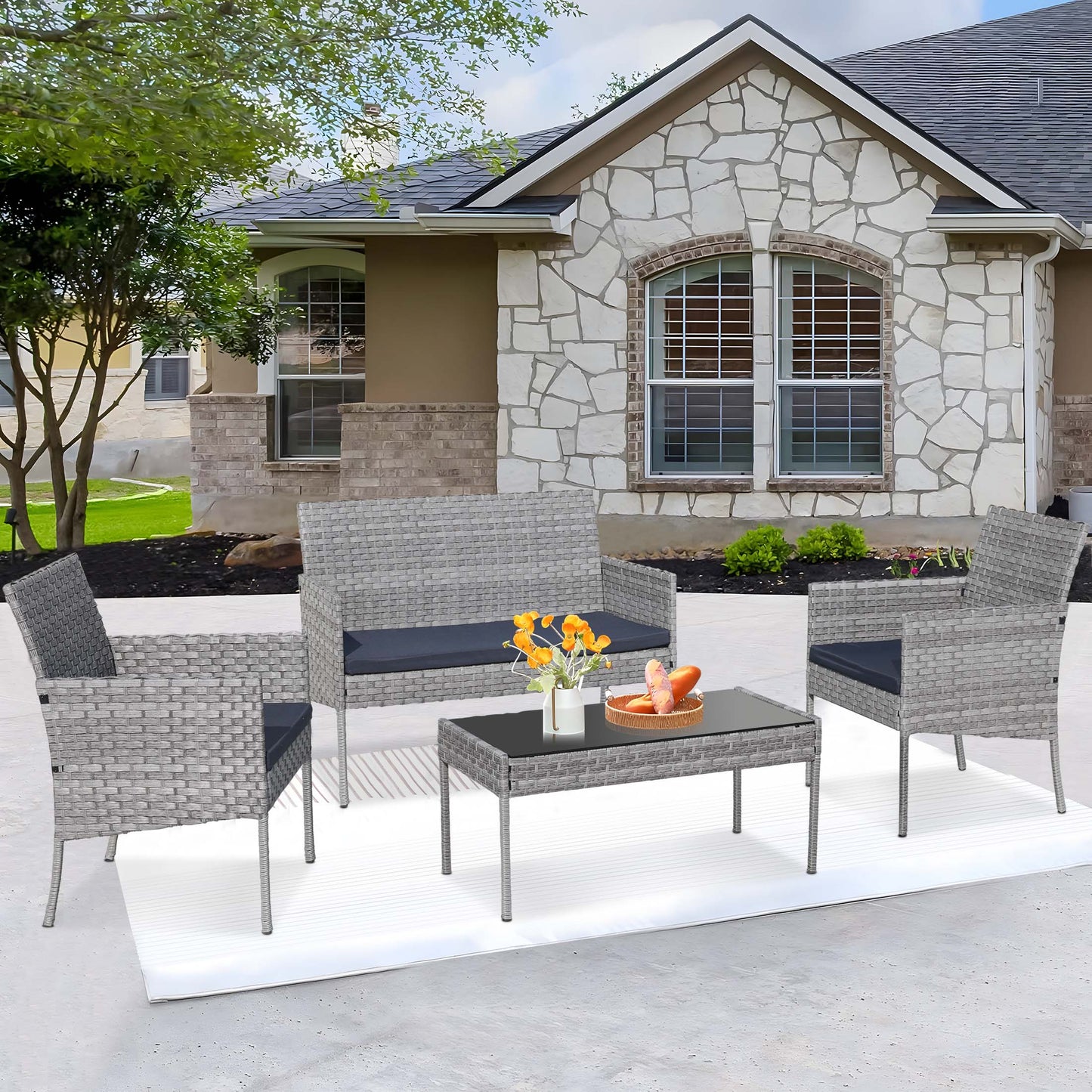 4 Pieces Outdoor Wicker Conversation Set, All-Weather Rattan Patio Furniture Sets with Arm Chairs, Tempered Glass Table and Cushions, Sectional Sofa Set for Backyard, Garden, Poolside