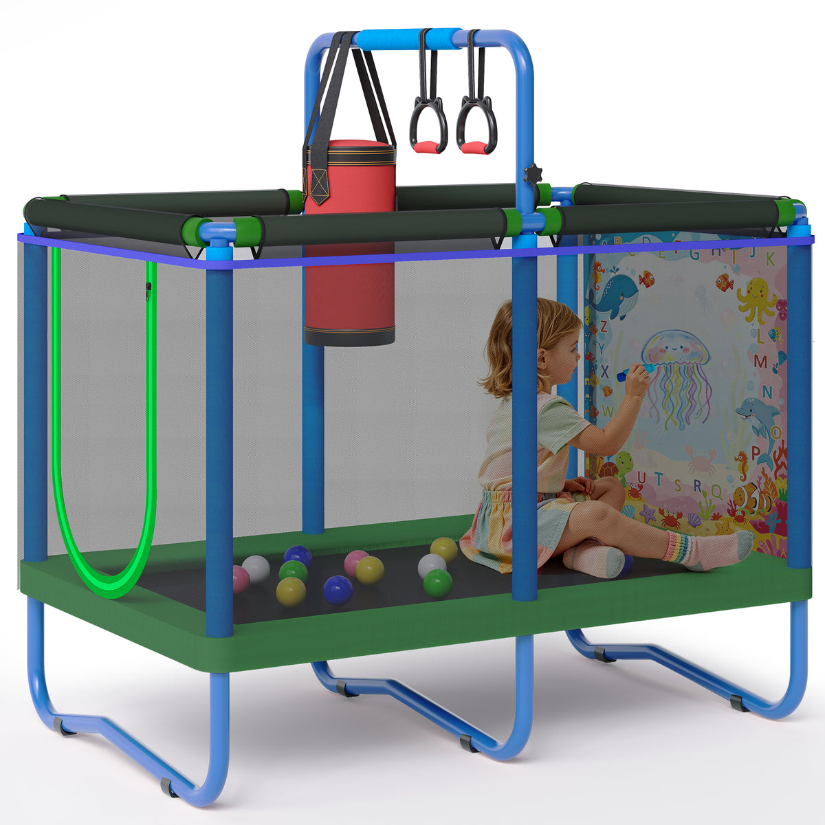 55'' Kids Trampoline, SEGMART Indoor Trampoline with Enclosure Net, Outdoor Mini Small Trampoline with Water Drawing Mat, Birthday Gifts for Boys and Girls Age 3+, 220LBS Capacity
