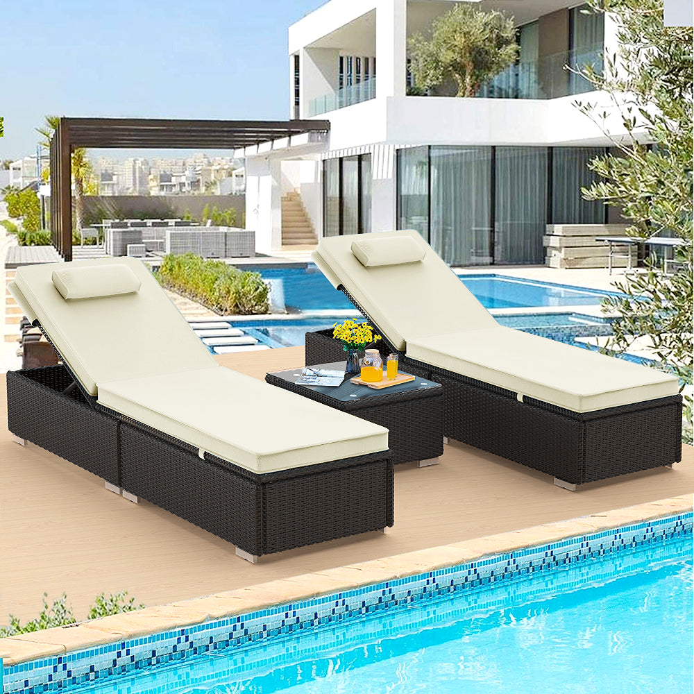 3 Piece Patio Chaise Lounge Chair Set, Rattan Chaise Lounges with Table, Sun Chaise Lounge Furniture Set with Removable Cushion, Tanning Lounge Chair with 6 Adjustable Positions for Pool Deck