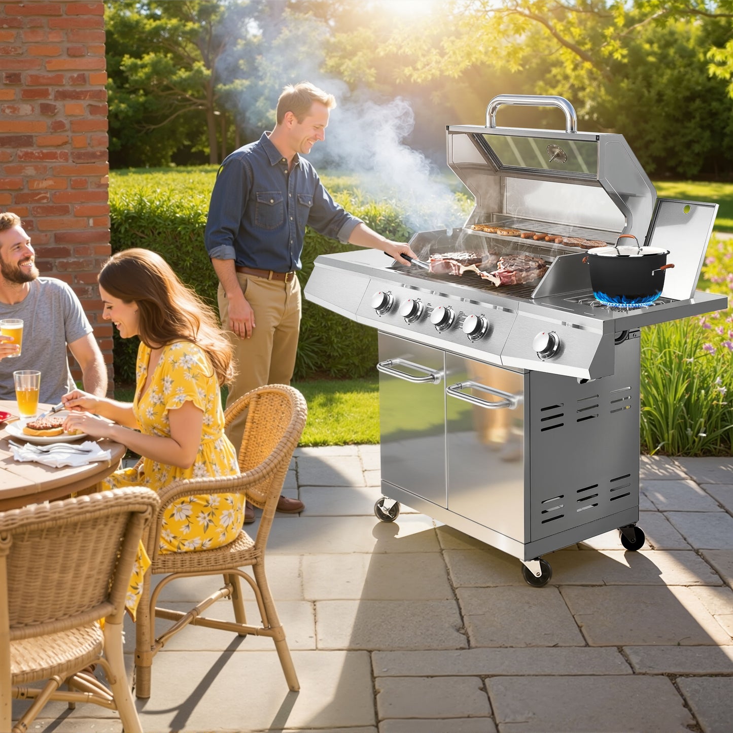 4-Burner Gas Grill and Griddle Combo with Side Burner, 50,000 BTU Propane BBQ Grill with Porcelain-Enameled Cast Iron Grates, Built-in Thermometer, Ideal for Patio Camping Outdoor Cooking