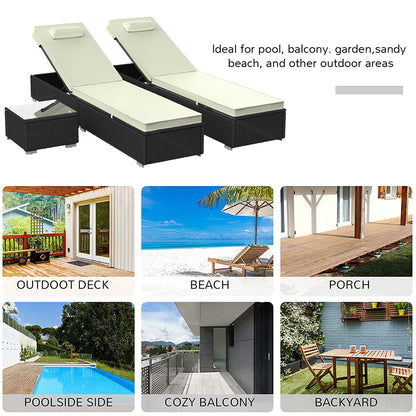 3 Piece Patio Chaise Lounge Chair Set, Rattan Chaise Lounges with Table, Sun Chaise Lounge Furniture Set with Removable Cushion, Tanning Lounge Chair with 6 Adjustable Positions for Pool Deck, B4093