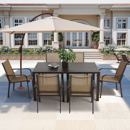 Patio Dining Set, 7PCS Outdoor Plastic-Wood Table & Textilene Chairs Set, Outdoor Furniture Dining Table Set, Garden Porch Backyard Poolside Sectional Conversation Set