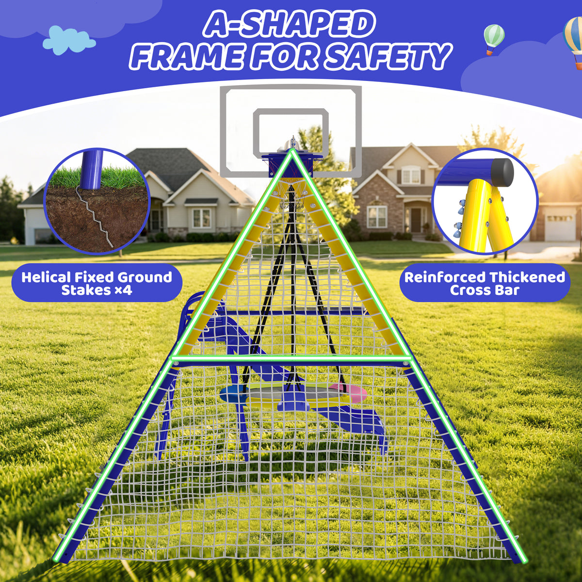 Metal Swing Sets for Backyard with 3 Seats, SEGMART Heavy Duty Kids Swingset with Slide, Saucer Swing, Belt Swing, Basketball Hoop, Soccer Net, Playground Sets for Backyards, 440 LBS Weight Capacity