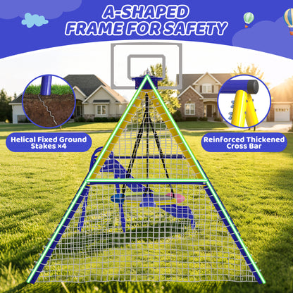 Metal Swing Sets for Backyard with 3 Seats, SEGMART Heavy Duty Kids Swingset with Slide, Saucer Swing, Belt Swing, Basketball Hoop, Soccer Net, Playground Sets for Backyards, 440 LBS Weight Capacity