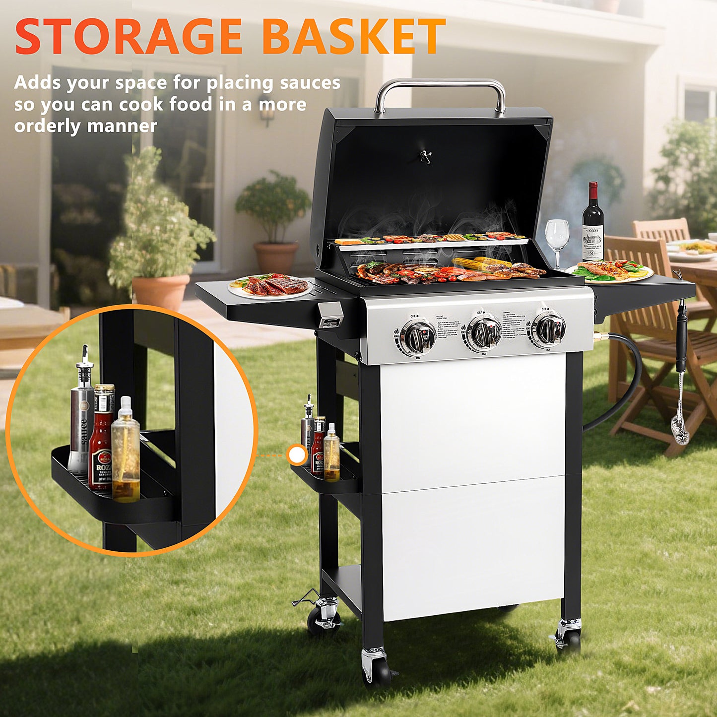 Segmart 3 Burner BBQ Propane Gas Grill, Stainless Steel 25,650 BTU Patio Garden Barbecue Grill with Folding Side Tables, Hanging Basket & Thermometer, Perfect for Camping, Outdoor Cooking