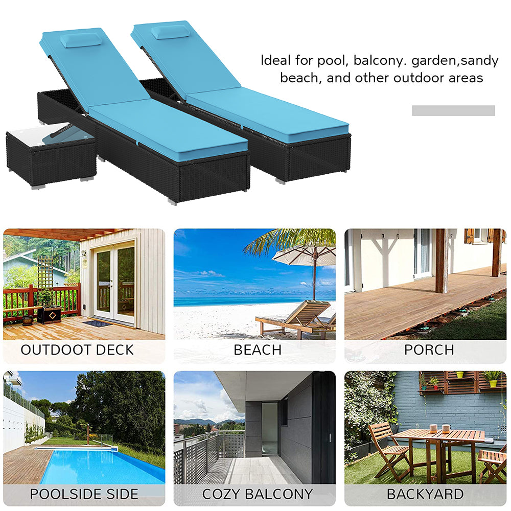 3 Piece Patio Chaise Lounge Chair Set, Rattan Chaise Lounges with Table, Sun Chaise Lounge Furniture Set with Removable Cushion, Tanning Lounge Chair with 6 Adjustable Positions for Pool Deck