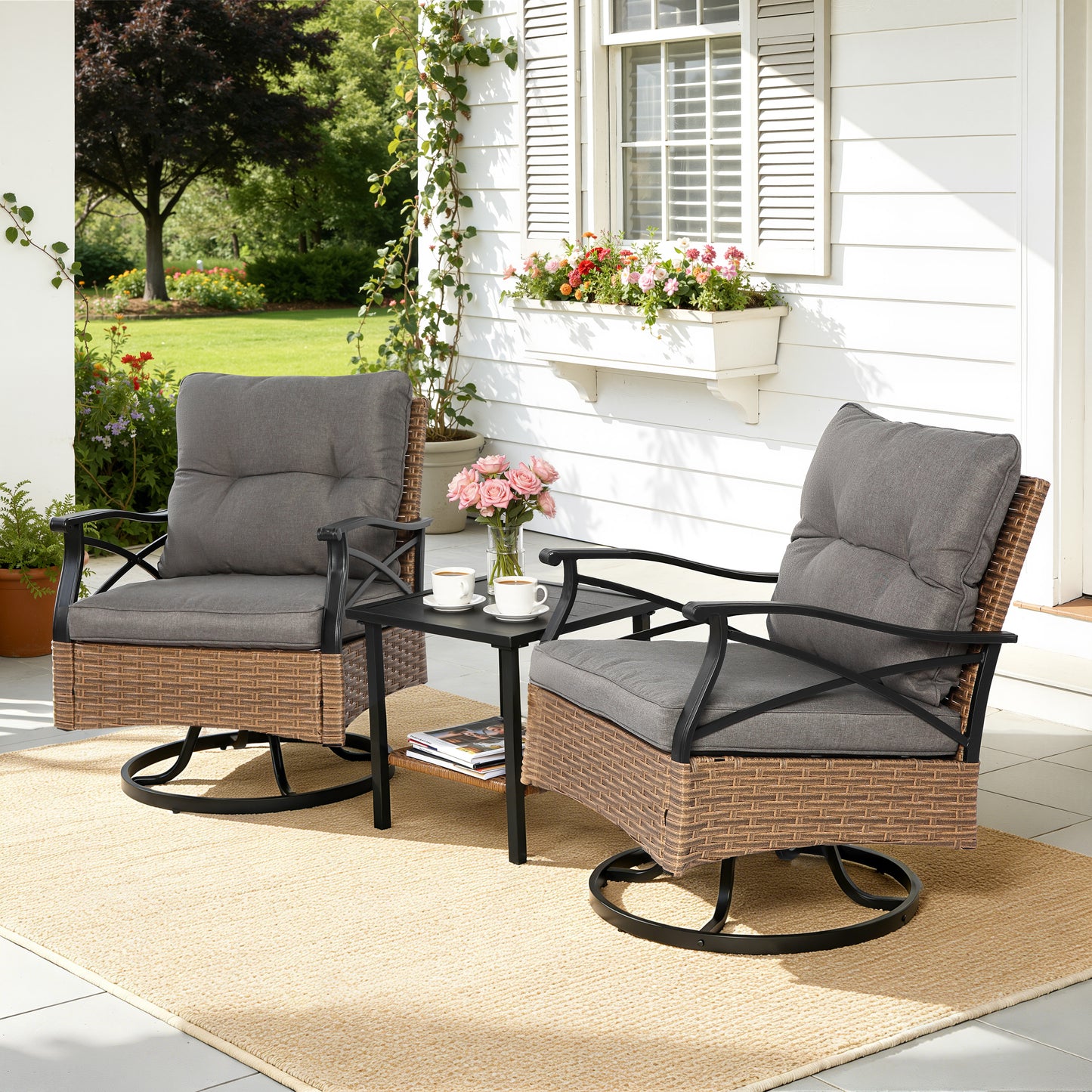 Patio Swivel Rocker Bistro Set, 3 Piece 360° Rocking Patio Conversation Set with Thickened Cushions, 2 Patio Swivel Rocking Chairs with 1 Glass Top Table, for Garden Yard Balcony Pool Cafe (Gray)