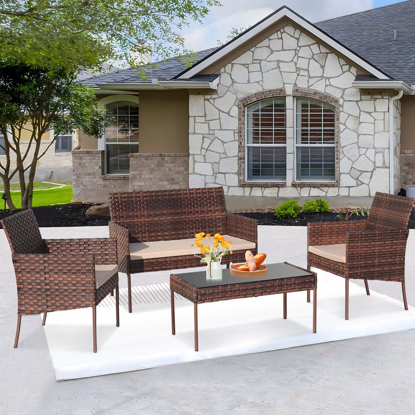 4 Pieces Outdoor Wicker Conversation Set, All-Weather Rattan Patio Furniture Sets with Arm Chairs, Tempered Glass Table and Cushions, Sectional Sofa Set for Backyard, Garden, Poolside