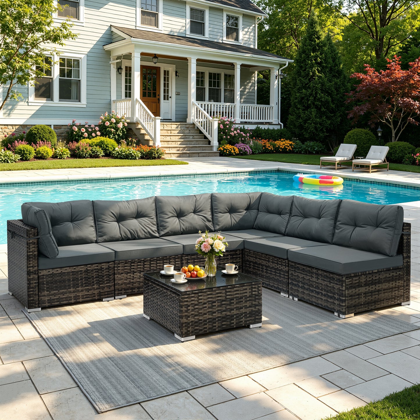 7 Piece Rattan Sectional Sofa Set, Outdoor Conversation Set, All-Weather Wicker Sectional Seating Group with Cushions & Coffee Table, Modern Furniture Couch Set for Patio Deck Garden Pool