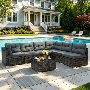 7 Piece Rattan Sectional Sofa Set, Outdoor Conversation Set, All-Weather Wicker Sectional Seating Group with Cushions & Coffee Table, Modern Furniture Couch Set for Patio Deck Garden Pool