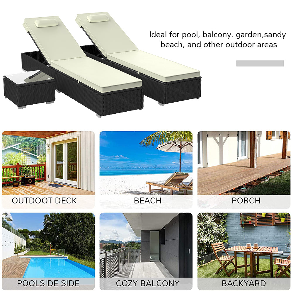 3 Piece Patio Chaise Lounge Chair Set, Rattan Chaise Lounges with Table, Sun Chaise Lounge Furniture Set with Removable Cushion, Tanning Lounge Chair with 6 Adjustable Positions for Pool Deck