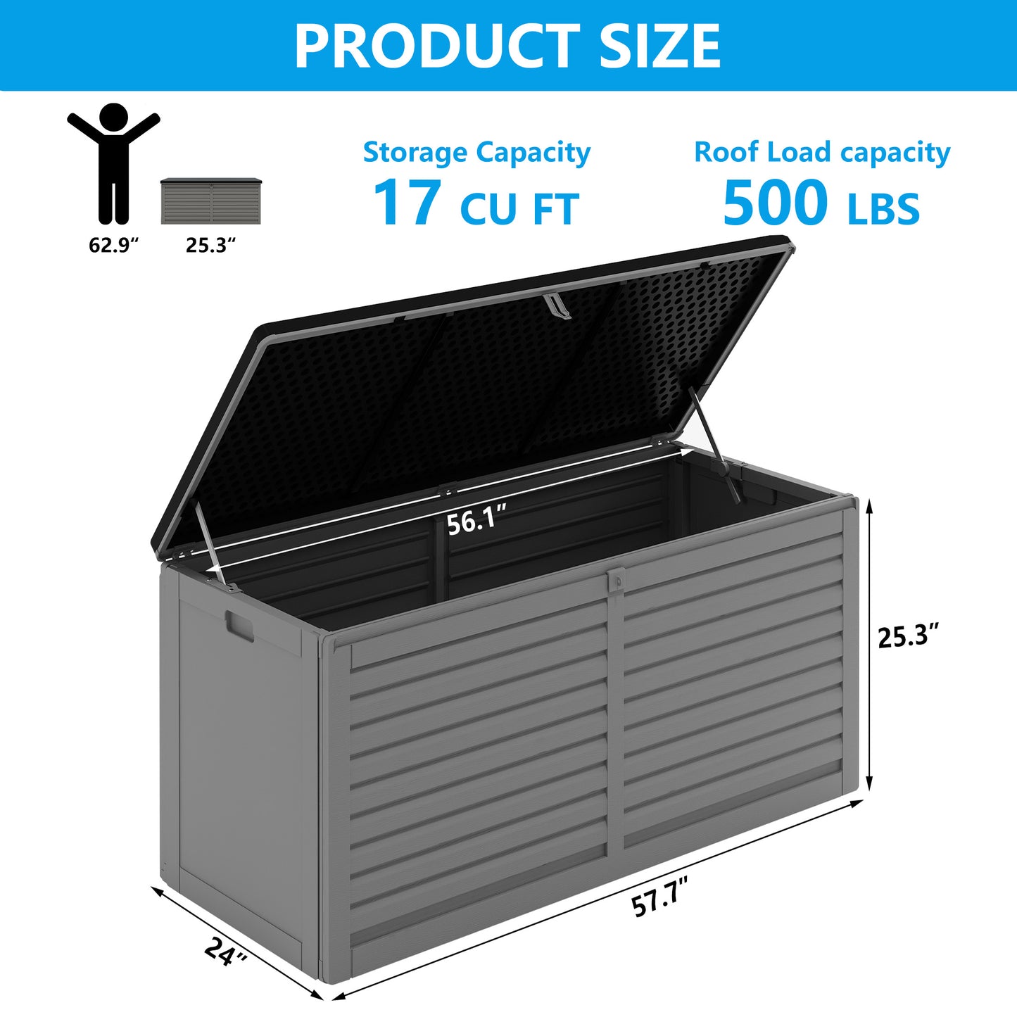 130 Gallon Resin Deck Box, Outdoor Lockable Storage Container for Patio Cushions, Garden Tools, Pool Supplies, Toys, Waterproof and UV Resistant, Gray