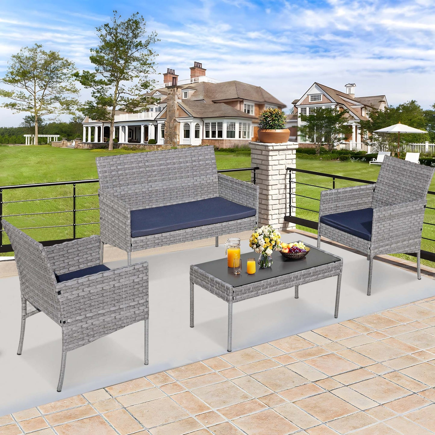 4 Pieces Outdoor Wicker Conversation Set, All-Weather Rattan Patio Furniture Sets with Arm Chairs, Tempered Glass Table and Cushions, Sectional Sofa Set for Backyard, Garden, Poolside