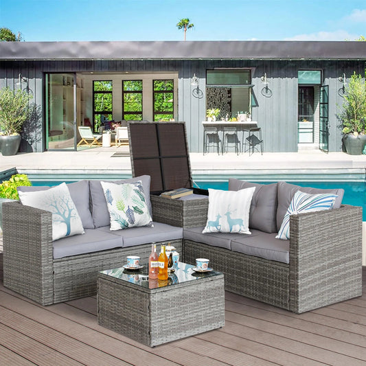 Segmart 4 Piece Outdoor Patio Deck Furniture Set, All-Weather Grey Wicker Rattan Conversation Sectional Loveseat Couch Set with Storage Box, Glass Top Table and Grey Cushion, S13096