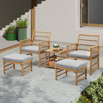 Outdoor Conversation Set of 5, Outdoor Patio Chair and Footstool Set with Cushions & 2-Tier Tea Table, All Weather Wicker Patio Furniture Set, Ideal for Patio Poolside Yard Deck Coffee Bar