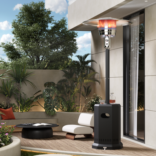 50,000 BTU Propane Patio Heater, Outdoor Heater with Table Design, Double-Layer Stainless Steel Burner, and Wheels, Portable Heater for Home and Commercial