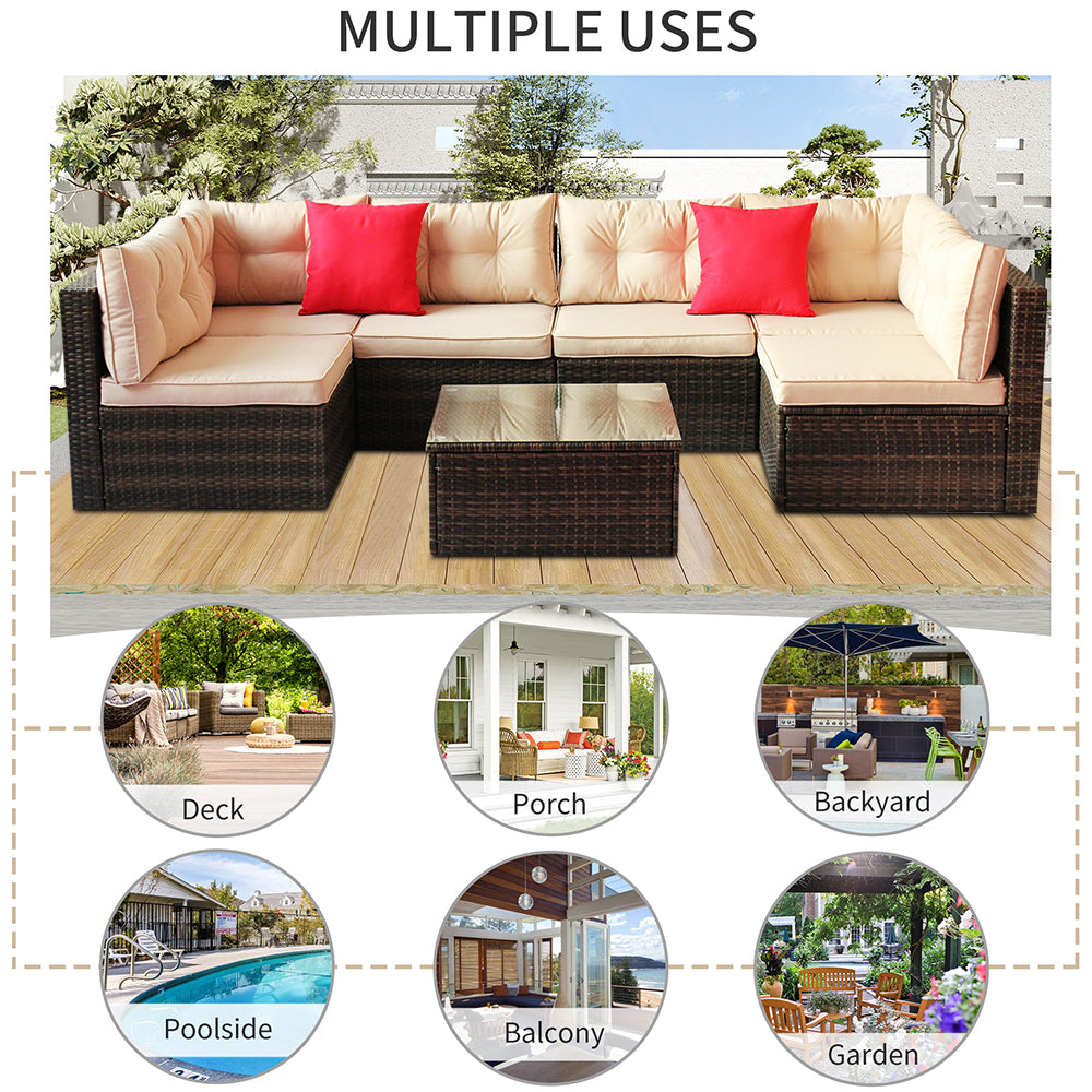 Patio Outdoor Furniture Sets, 7 Pieces All-Weather Rattan Sectional Sofa with Tea Table & Cushions, PE Rattan Wicker Sofa Couch Conversation Set for Garden Backyard Poolside