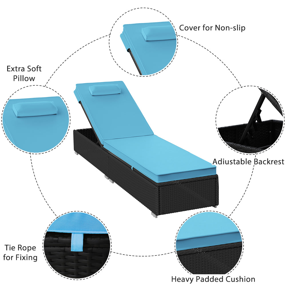 3 Piece Patio Chaise Lounge Chair Set, Rattan Chaise Lounges with Table, Sun Chaise Lounge Furniture Set with Removable Cushion, Tanning Lounge Chair with 6 Adjustable Positions for Pool Deck