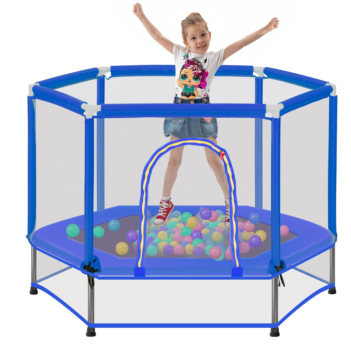 55" Mini Trampoline with Safety Enclosure Net, SEGMART Indoor Outdoor Toddler Trampoline with No-Gap Design, Small Trampoline for Kids, Kids Trampoline with Balls, Birthday Gift