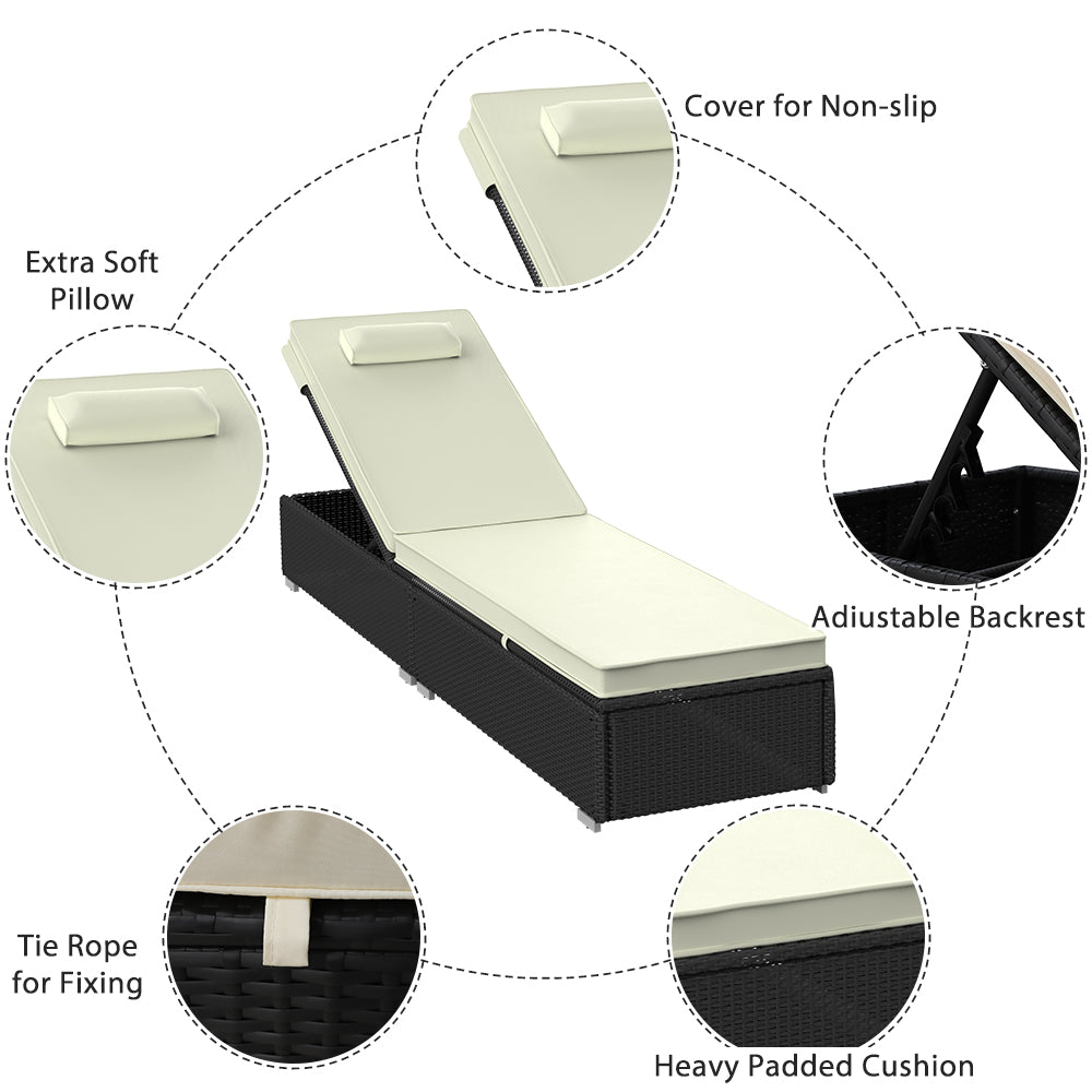 3 Piece Patio Chaise Lounge Chair Set, Rattan Chaise Lounges with Table, Sun Chaise Lounge Furniture Set with Removable Cushion, Tanning Lounge Chair with 6 Adjustable Positions for Pool Deck