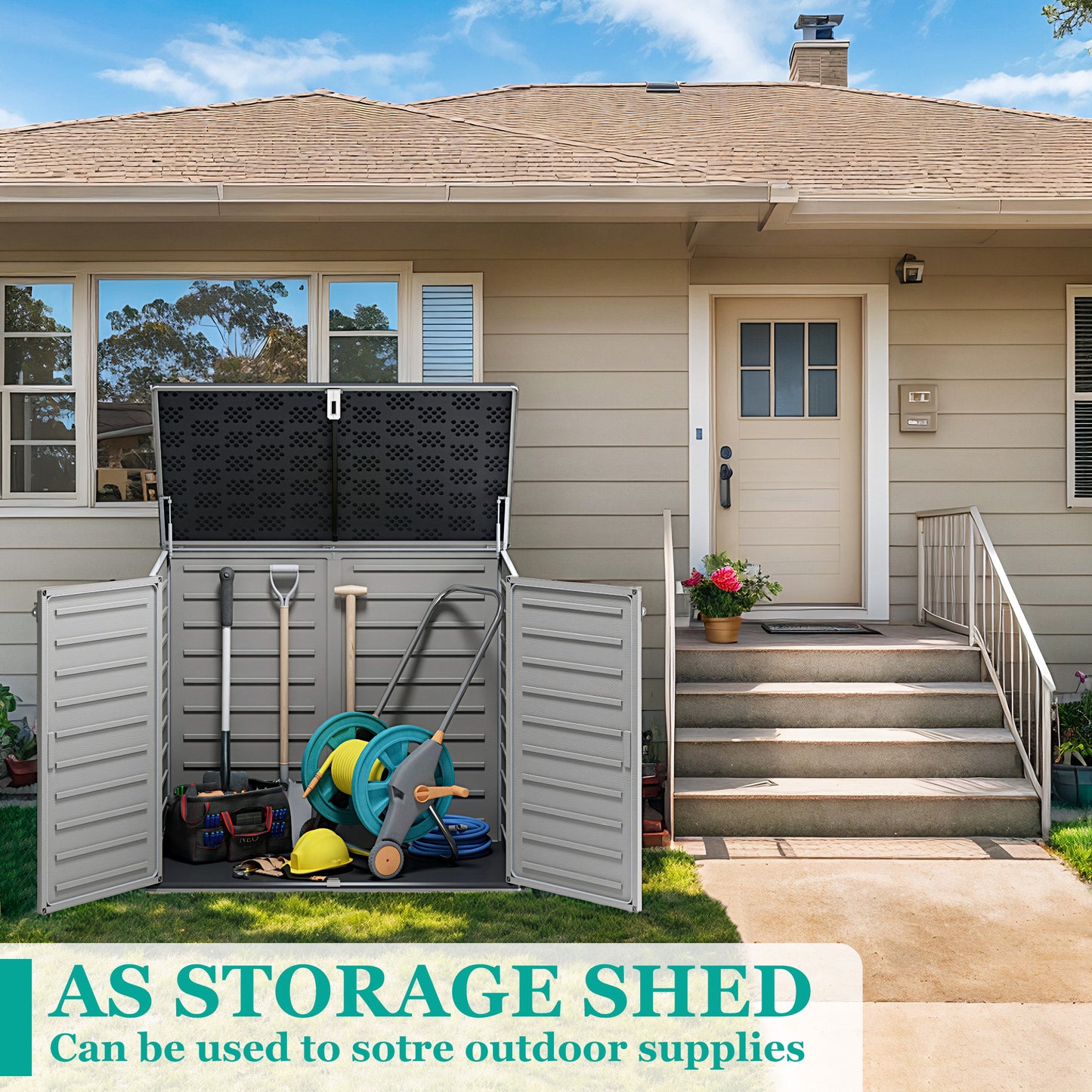 51 Cu Ft Outdoor Storage Shed, Resin Storage Cabinet with Door & Lock, Multi-Purpose Outdoor Shed for Garbage Cans, Garden Tools, Bikes, Easy to Assemble, Gray