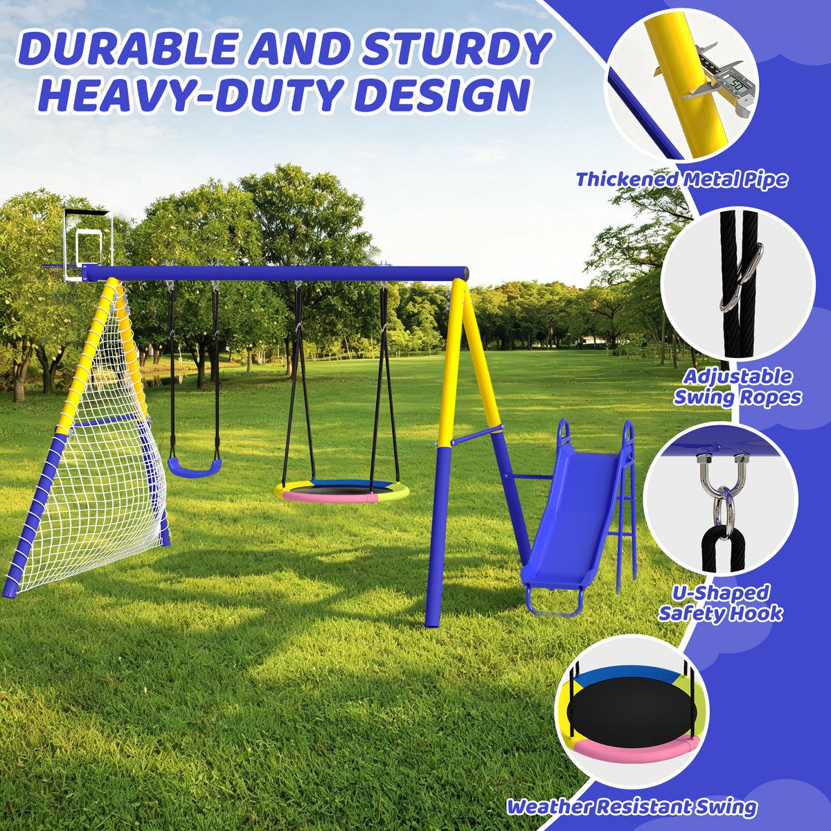 Metal Swing Sets for Backyard with 3 Seats, SEGMART Heavy Duty Kids Swingset with Slide, Saucer Swing, Belt Swing, Basketball Hoop, Soccer Net, Playground Sets for Backyards, 440 LBS Weight Capacity