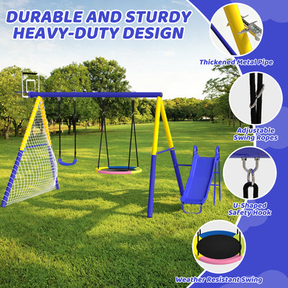 Metal Swing Sets for Backyard with 3 Seats, SEGMART Heavy Duty Kids Swingset with Slide, Saucer Swing, Belt Swing, Basketball Hoop, Soccer Net, Playground Sets for Backyards, 440 LBS Weight Capacity