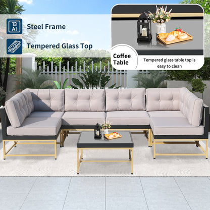 Patio Outdoor Furniture Sets, 7 Pieces All-Weather Rattan Sectional Sofa with Tea Table and Cushions, PE Rattan Wicker Sofa Couch Conversation Set for Garden Backyard Poolside