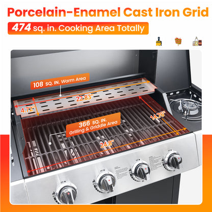 Segmart 4 Burner BBQ Propane Gas Grill with Side Burner, Stainless Steel 50,000 BTU Patio Barbecue Grill with Shelf, Gas Tank Hook, Towel Rack & Bottle Opener, Fits for Camping, Outdoor Cooking