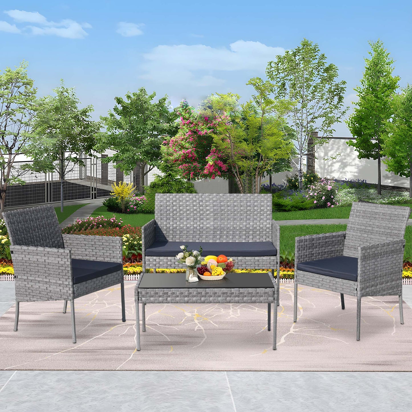 4 Pieces Outdoor Wicker Conversation Set, All-Weather Rattan Patio Furniture Sets with Arm Chairs, Tempered Glass Table and Cushions, Sectional Sofa Set for Backyard, Garden, Poolside