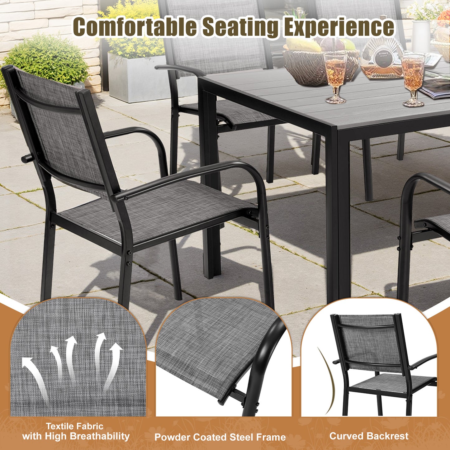 Patio Dining Set, 7PCS Outdoor Plastic-Wood Table & Textilene Chairs Set, Outdoor Furniture Dining Table Set, Garden Porch Backyard Poolside Sectional Conversation Set