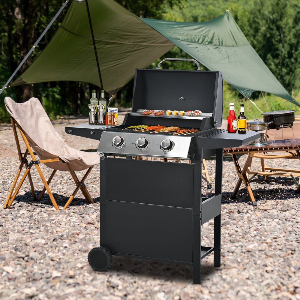 SEGMART 3 Burner BBQ Propane Gas Grill, Stainless Steel 25,650 BTU Patio Garden Barbecue Grill with Two Foldable Shelves & Thermometer, Perfect for Camping, Outdoor Cooking