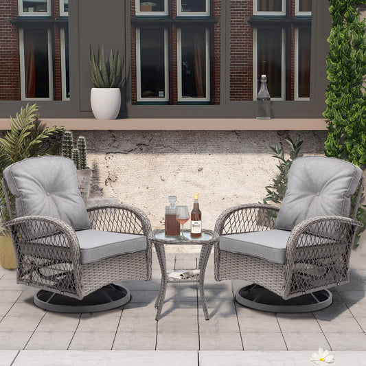 Balcony Furniture Set of 2, Outdoor Swivel Gliders Rocker Cushioned, 3 Pieces Patio Furniture Rattan Wicker Bistro Conversation Set for Porch Deck, Glass Top Side Table, Gray Cushions