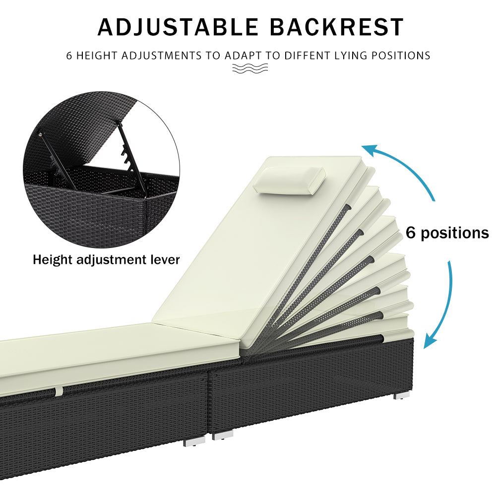 3 Piece Patio Chaise Lounge Chair Set, Rattan Chaise Lounges with Table, Sun Chaise Lounge Furniture Set with Removable Cushion, Tanning Lounge Chair with 6 Adjustable Positions for Pool Deck