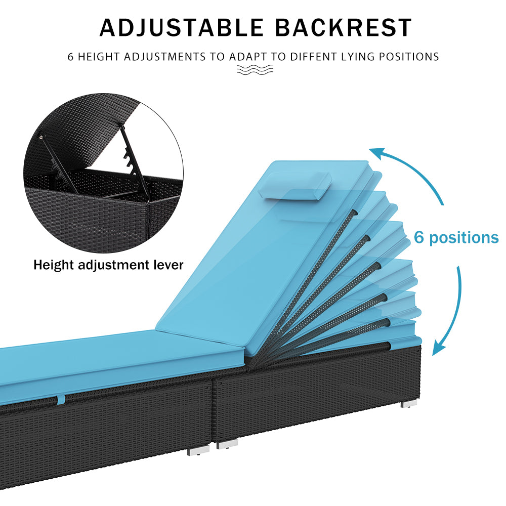 3 Piece Patio Chaise Lounge Chair Set, Rattan Chaise Lounges with Table, Sun Chaise Lounge Furniture Set with Removable Cushion, Tanning Lounge Chair with 6 Adjustable Positions for Pool Deck