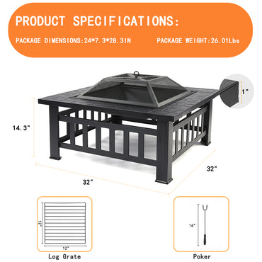 SEGMART Outdoor Fire Pit, 32" Square Metal Fire Pit Table with Spark Screen & Log Poker, Stove Wood Burning Fire Pit Bowl, Ideal for Yard Patio Beach Picnic Bonfire
