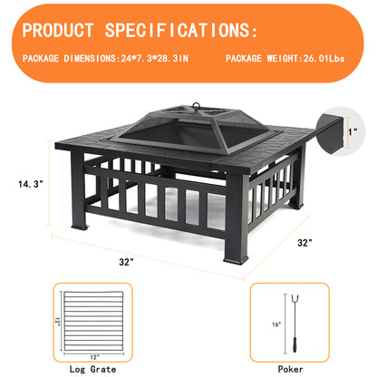 SEGMART Outdoor Fire Pit, 32" Square Metal Fire Pit Table with Spark Screen & Log Poker, Stove Wood Burning Fire Pit Bowl, Ideal for Yard Patio Beach Picnic Bonfire