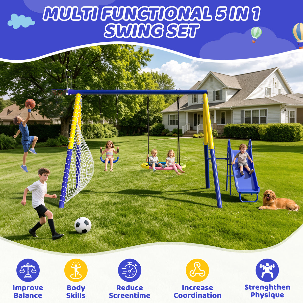 Metal Swing Sets for Backyard with 3 Seats, SEGMART Heavy Duty Kids Swingset with Slide, Saucer Swing, Belt Swing, Basketball Hoop, Soccer Net, Playground Sets for Backyards, 440 LBS Weight Capacity