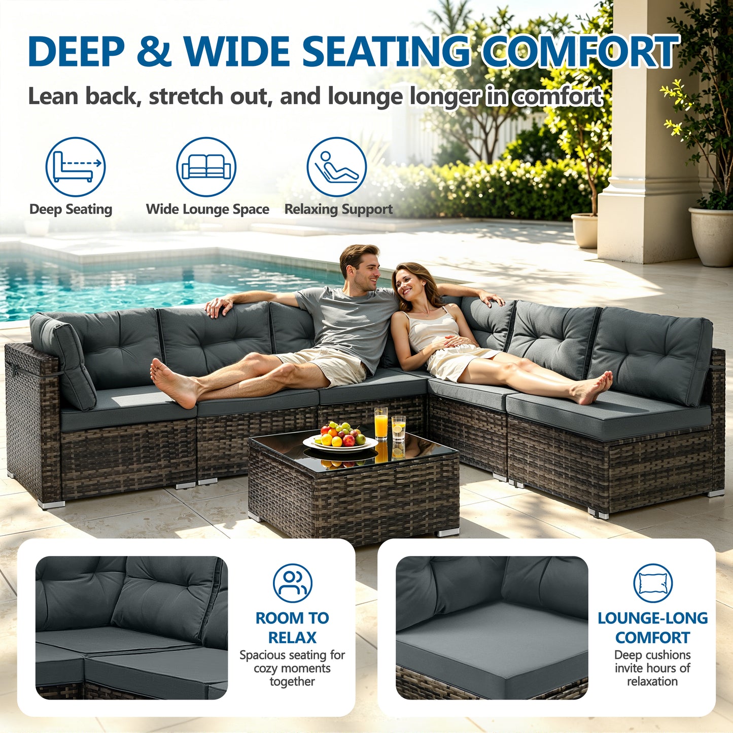 7 Piece Rattan Sectional Sofa Set, Outdoor Conversation Set, All-Weather Wicker Sectional Seating Group with Cushions & Coffee Table, Modern Furniture Couch Set for Patio Deck Garden Pool