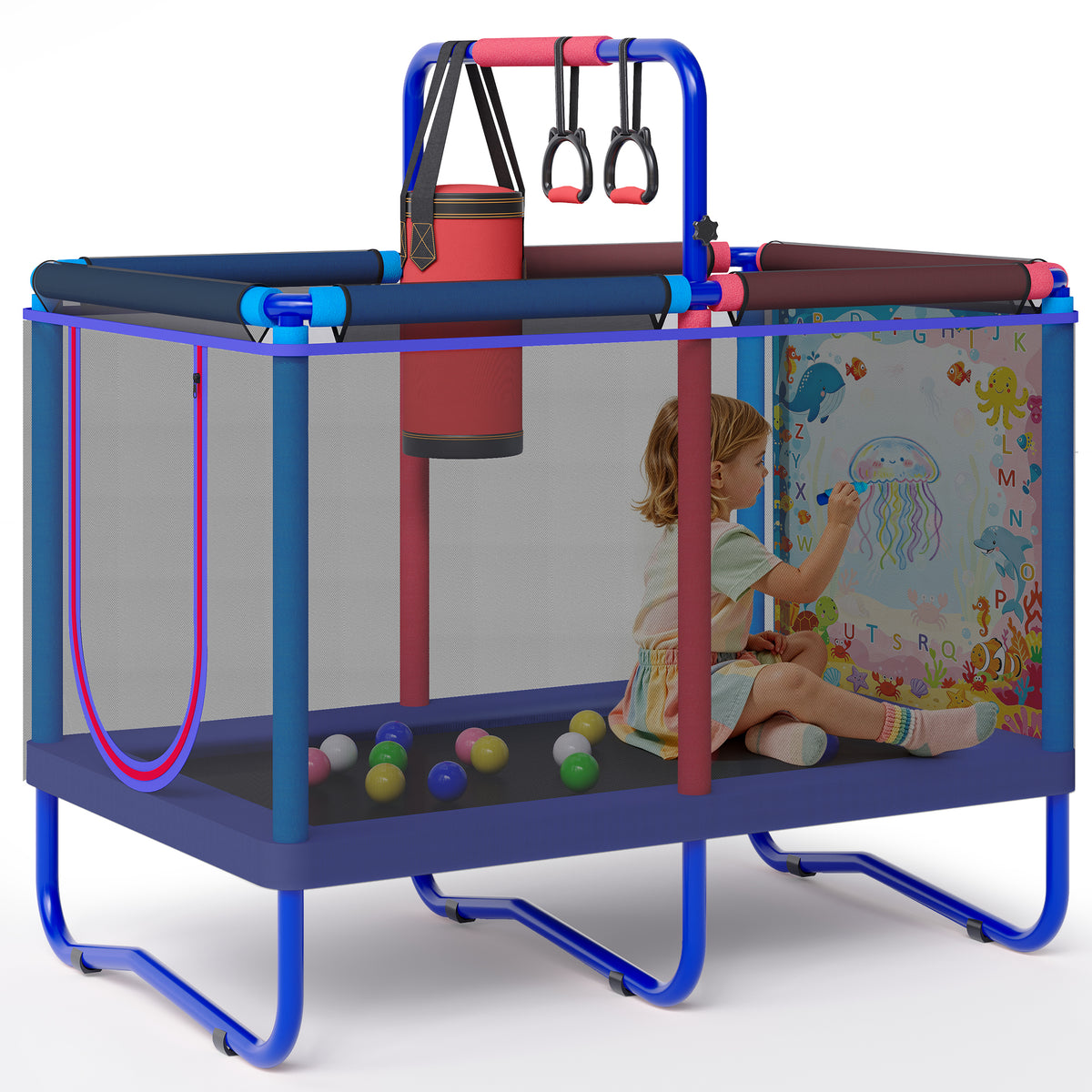 55'' Kids Trampoline, SEGMART Indoor Trampoline with Enclosure Net, Outdoor Mini Small Trampoline with Water Drawing Mat, Birthday Gifts for Boys and Girls Age 3+, 220LBS Capacity