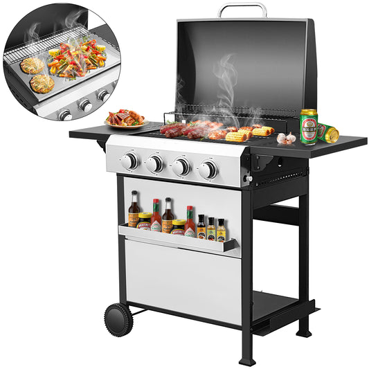 2 in 1 Propane Gas Grill and Griddle Combo, 4 Burner Griddle Grill Combo with Folding Side Tables & Hanging Basket, 49,200BTU Stainless Steel Propane Grill for Outdoor Cooking